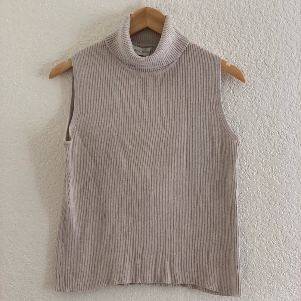 Casual Corner | Knit ribbed beige sleeveless turtleneck blouse sweater s…
